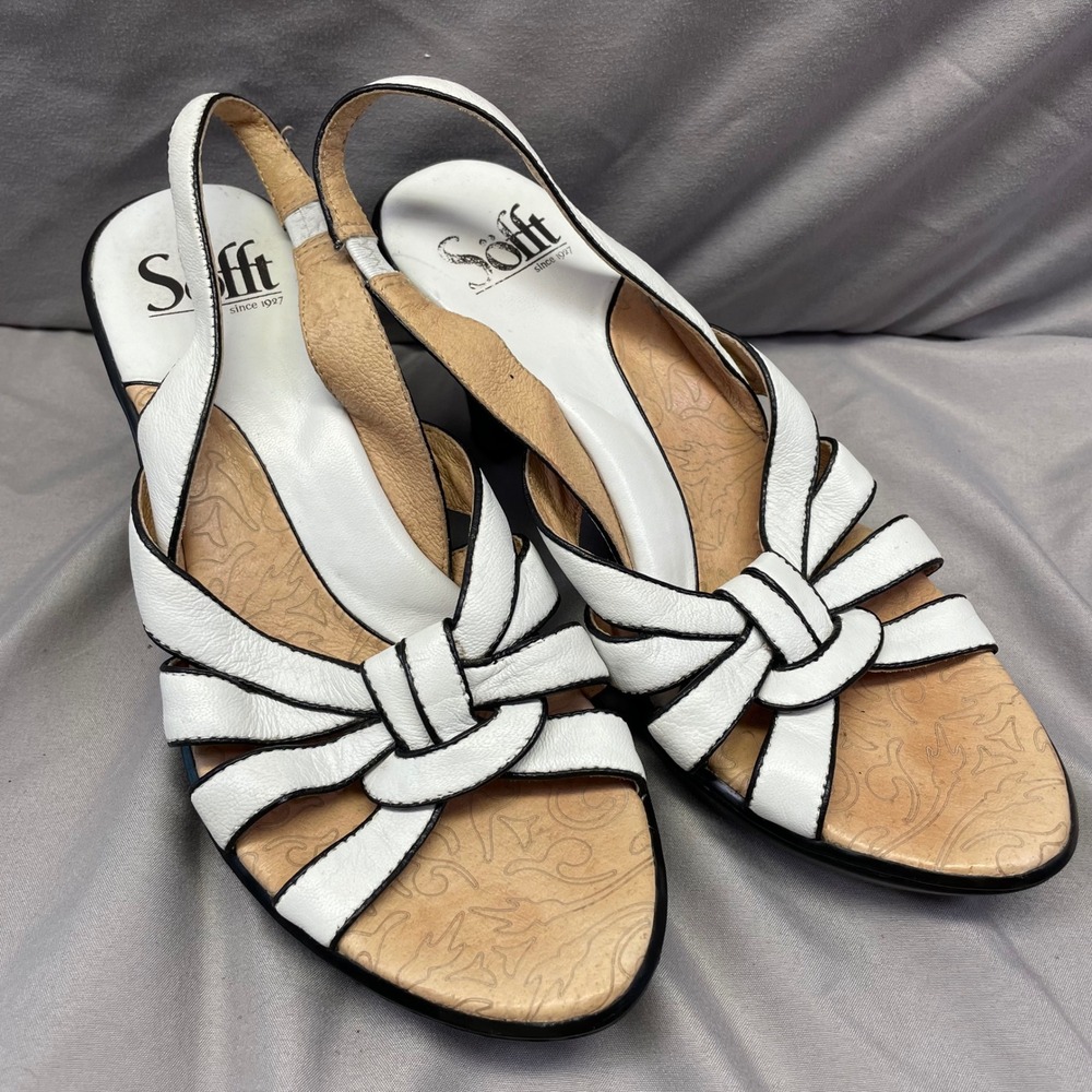 Sofft Womens Black White Leather Slingback Knotted Heel Sandals Comfortable 6M